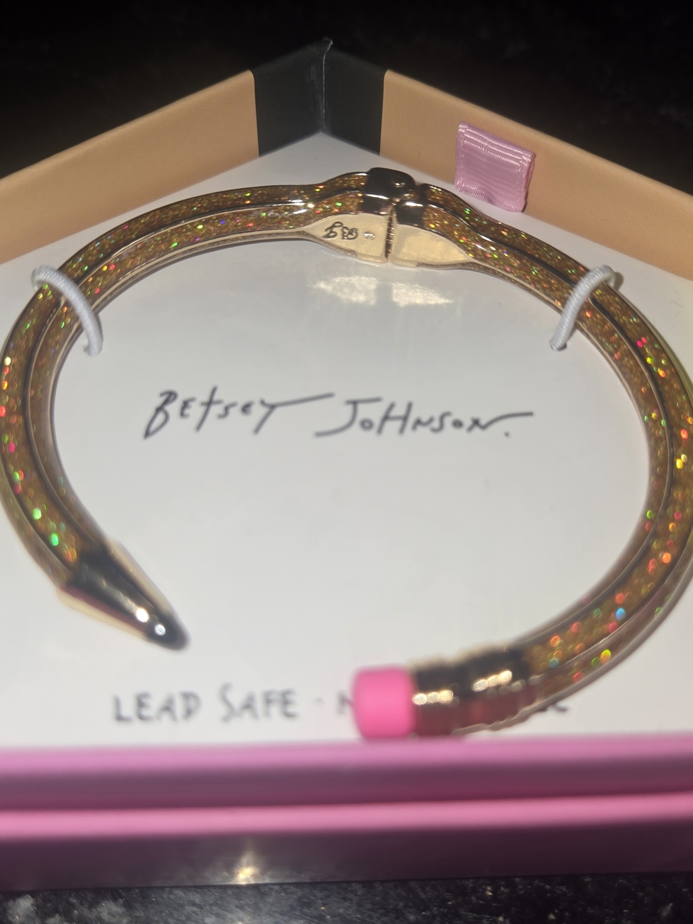 Betsey Johnson Gold Glitter Pencil Bangle Bracelet with Pink Eraser Tip